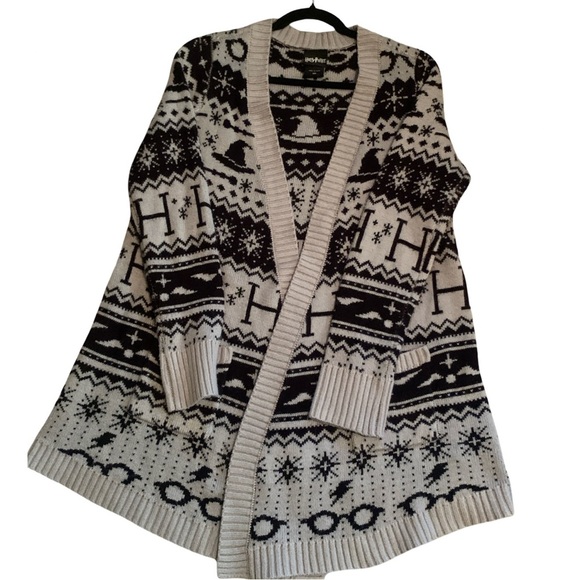 Hot Topic Harry Potter Fair Isle Gray Black Open Cardigan Medium - Picture 2 of 8